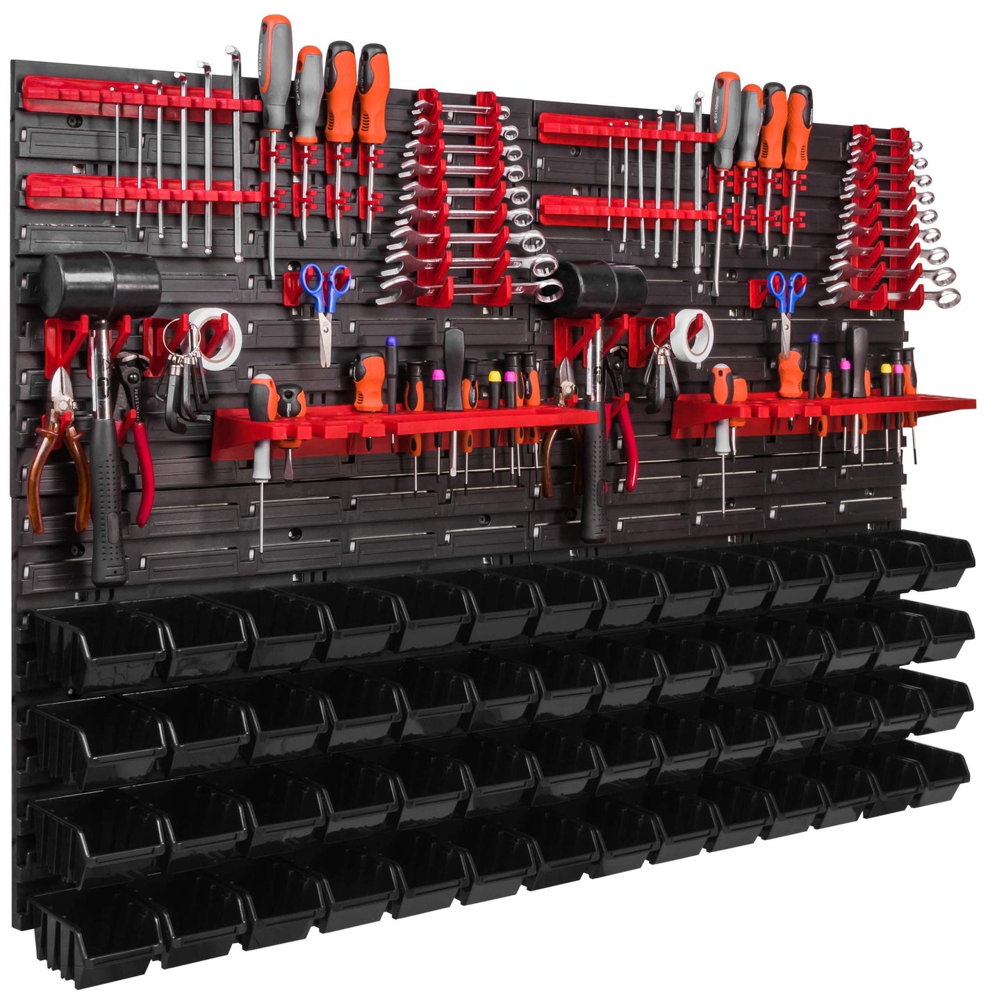 Storage System Wall Shelf 115 x 78 cm, Tool Holders, Pack of 56 Stacking Boxes, Storage Boxes, Extra Strong Wall Plates, Shelf Expandable, Workshop Shelf, Storage Shelf, Workshop Wall Shelf