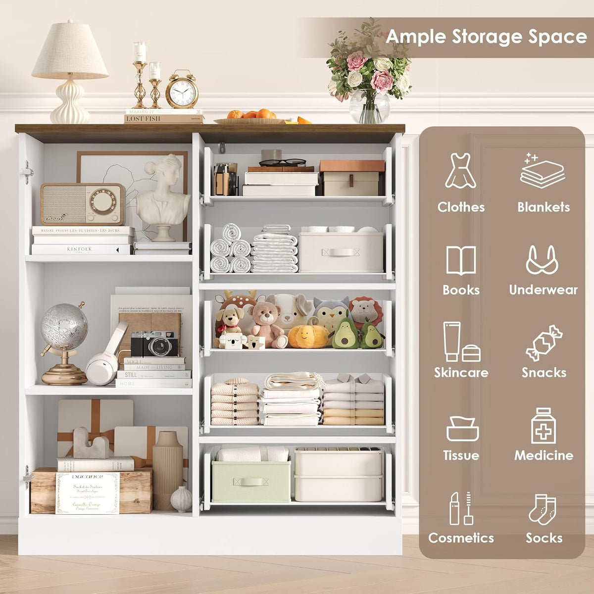 HOCSOK Sideboard, Kitchen Cabinet, Chest of Drawers, White Buffet Cabinet with 1 Door and 5 Drawers, for Kitchen, Living Room, Dining Room, 85.5 x 40 x 97 cm