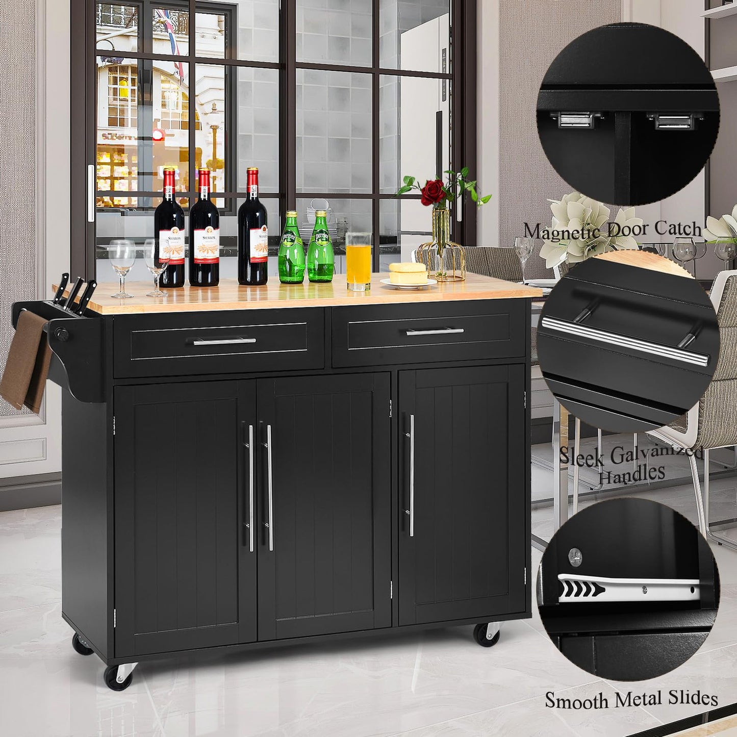 KOMFOTTEU Kitchen Trolley on Wheels, Wooden Serving Trolley with Worktop, Kitchen Island with Drawers, Towel Holder & Adjustable Shelves, Kitchen Cabinet Side Trolley Mobile 122 x 46 x 92 cm (Black)