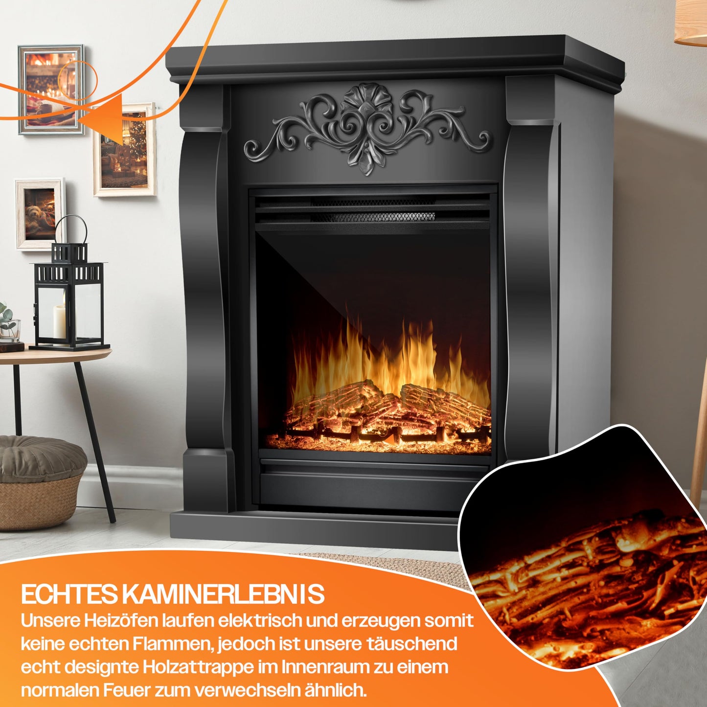 KESSER® Electric Fireplace with LED 3D Flame Effect, Heating Function, 1,800 W Power, Timer, Thermostat, Remote Control, Dimmable, Natural/Brown