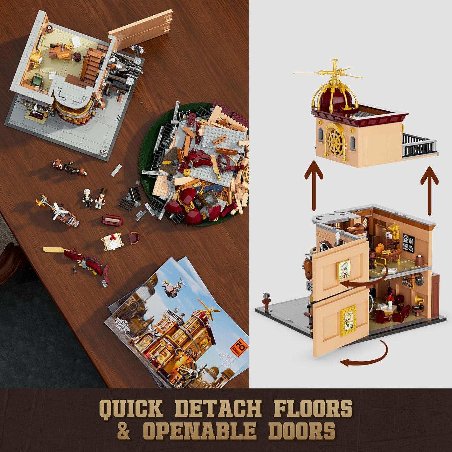 FUNWHOLE Steampunk Flugclub Beleuchtetes Baustein-Set - 1858 Teile Modularer Baukasten Sammler-Set für Erwachsene und Jugendliche