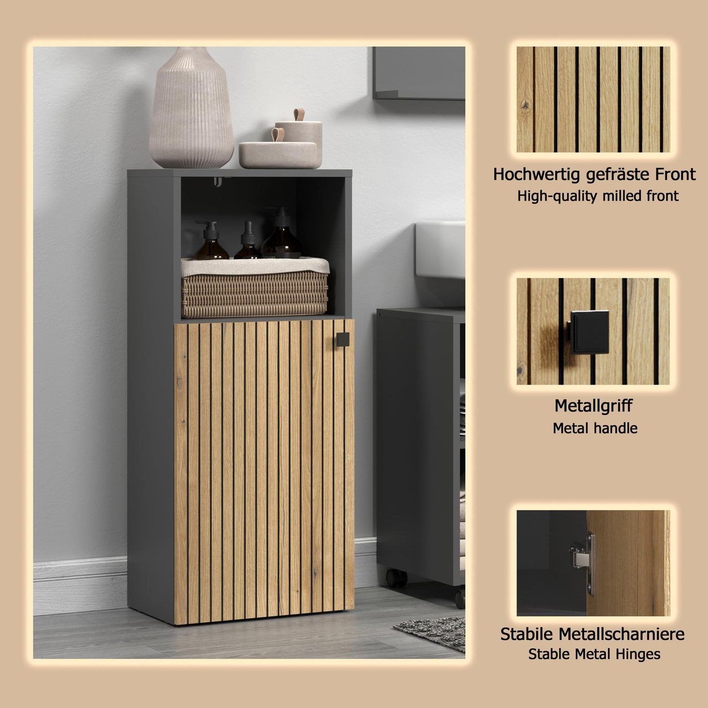 trendteam smart living - PureBliss - Hochschrank - Eiche - Badezimmerschrank in moderner Rillenoptik - edle Metallgriffe - (BxHxT) 40 x 186 x 31 cm - 2 praktische Einlegeböden - kratzfest