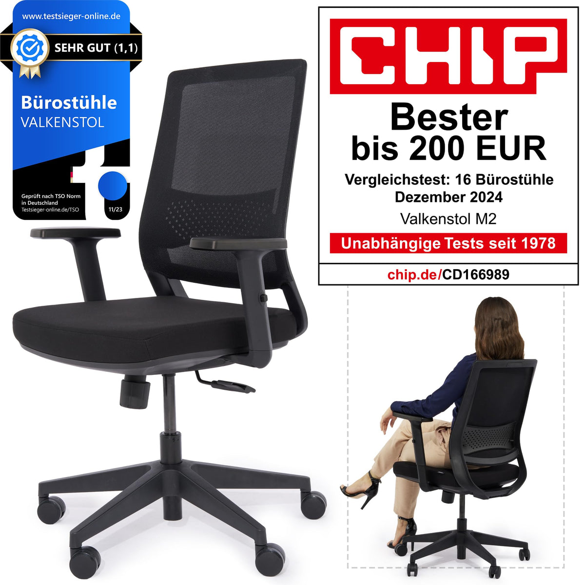 M2 Ergonomic Office Chair, Test Winner with Adjustable Armrest without Headrest for Maximum Freedom of Movement, Back-Friendly, Comfortable Desk Chair for Office and Home Office Chair
