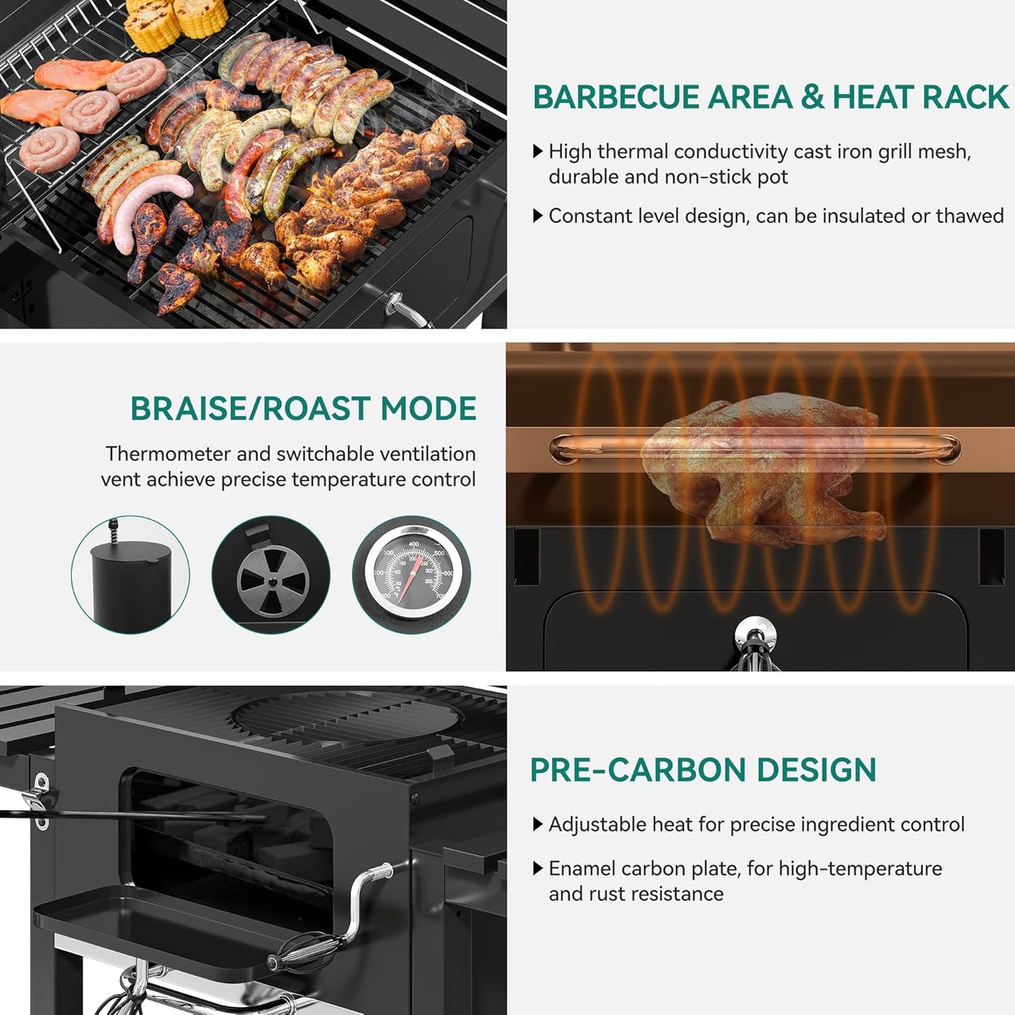 YITAHOME XXL Charcoal BBQ Smoker Grill Trolley with Deluxe Cast Iron Grate & Enamel Carbon Pan, Thermometer, Stand Grill for Party, Camping, Garden, Includes Kitchen Tongs and Glove