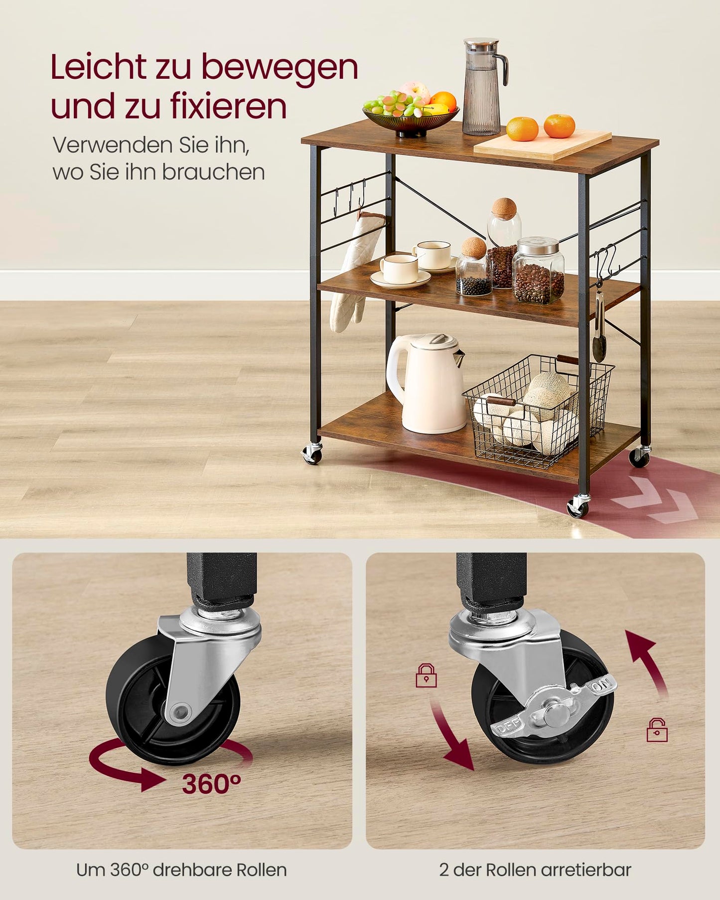 VASAGLE KKS60XV1 Kitchen Rack on Wheels Serving Trolley 3 Tier Kitchen Trolley Mini Oven Microwave Metal Frame 6 Hooks 40 x 60 x 89 cm Vintage Brown Ink Black