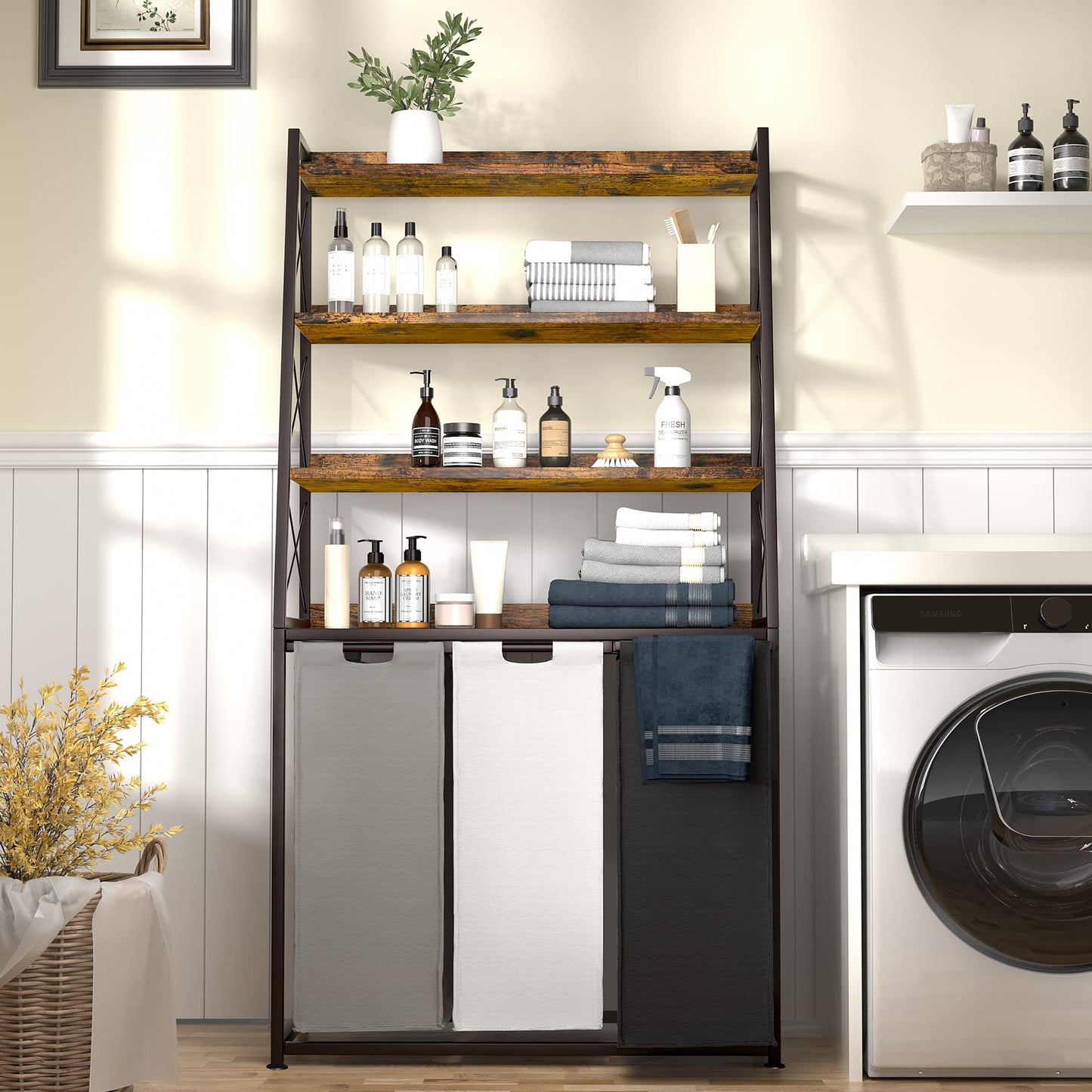 Herture Laundry Basket 3 Compartments Laundry Hamper with 4 Shelves Laundry Basket Removable Laundry Bags Large 3 x 60L for Laundry Room Bathroom Ink Black Vintage Brown PF05XLN