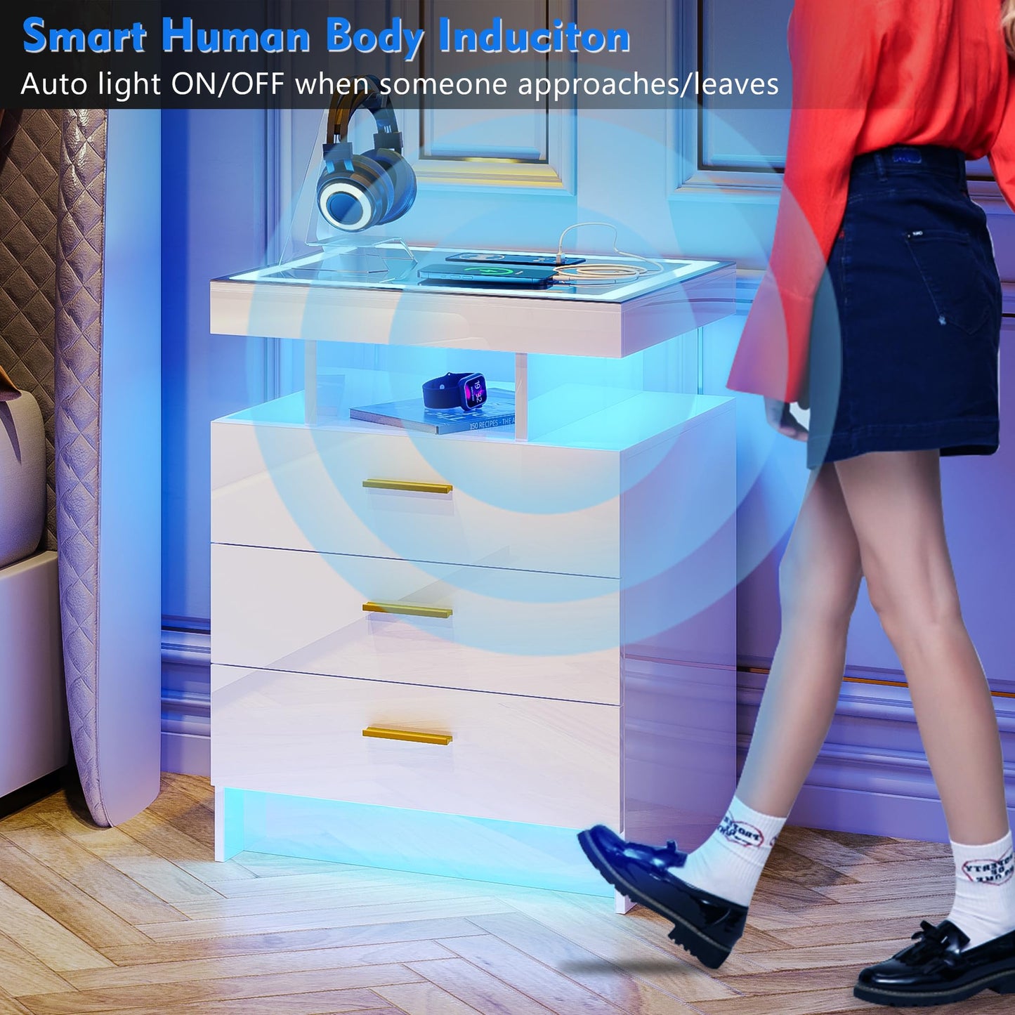 Lvifur LED Bedside Table with Charging Function, Smart Bedside Cabinet with 3 Lights, Dimmable, High Gloss Sideboard with 3 Drawers, USB Type-C Automatic Sensor, Bedroom, White