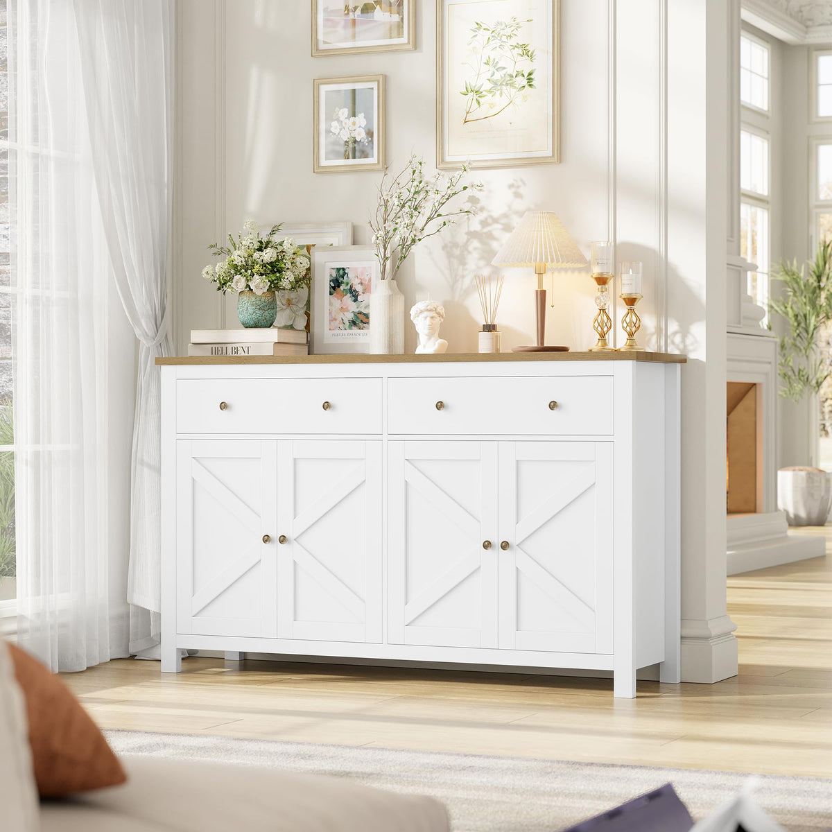 FirFurd Sideboard 140 cm Wide Kitchen Cabinet with Worktop Buffet Cabinet with 2 Drawers 4 Doors Kitchen Buffet with Adjustable Shelves for Living Room Kitchen Dining Room 140 x 40 x 89 cm White
