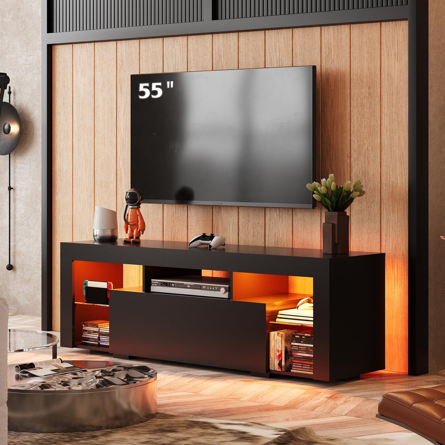 WLIVE TV Cabinet with LED, Lowboard Black for TVs up to 60 Inches, TV Stand for Living Room, 20 Colours LED Lighting, TV Cabinet with Open Storage Space and Drawers, Black