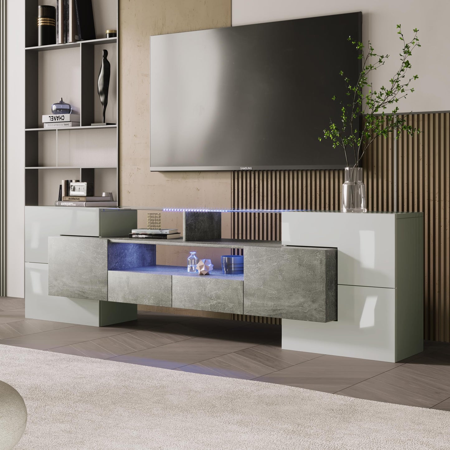 LANTRO JS TV Cabinet 200 cm Long with Elegant Glass Surface, TV Lowboard in Marble Look, TV Cabinet with LED Lighting, White and Black