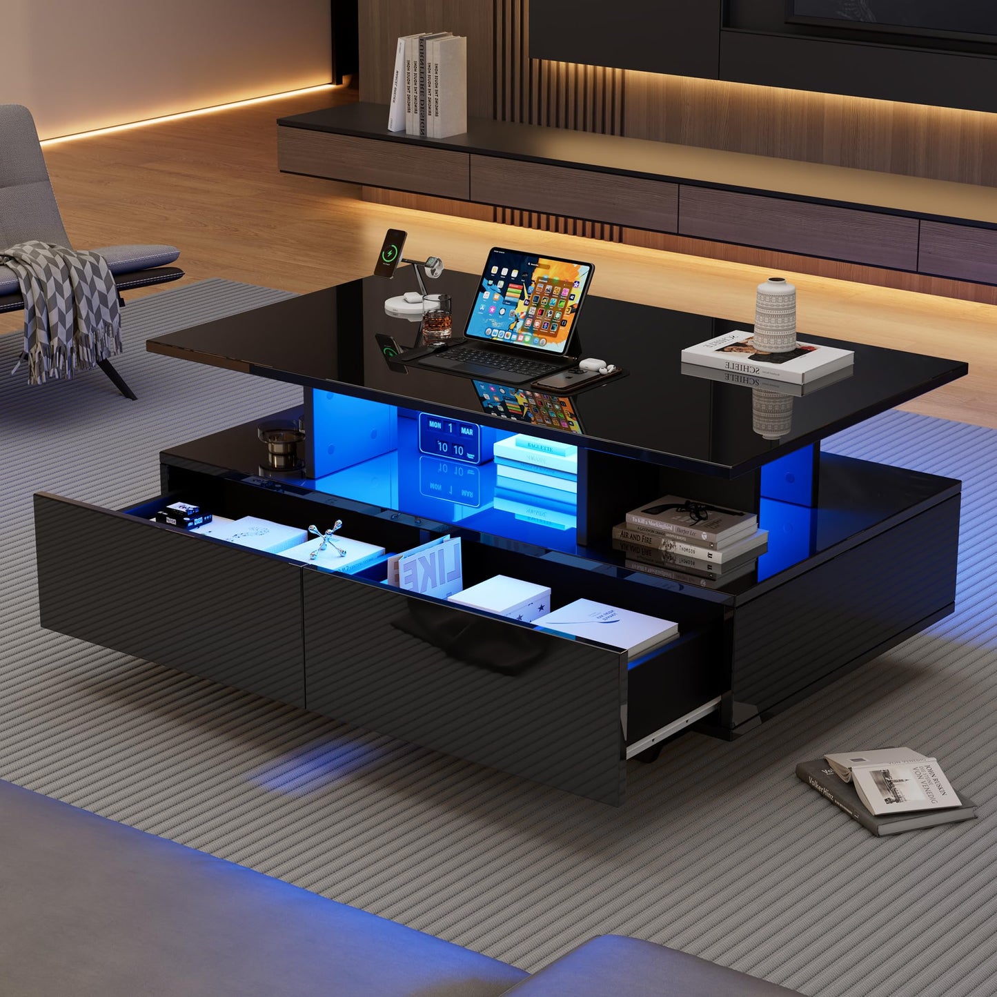 Merax Coffee Table LED High Gloss Middle Table Tea Table for Living Room Black Living Room Table with 2 Drawers and Open Compartment, Rectangular Side Table Sofa Table Coffee Table for Bedroom Office