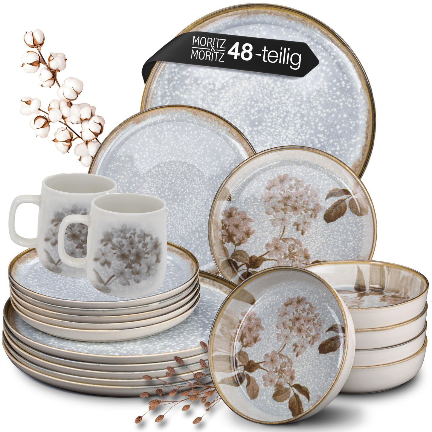Moritz & Moritz BLOSSOM 18-Piece Crockery Set for 6 People, Elegant Plate Set Made of High-Quality Porcelain with Floral Design, Crockery Set of 6 x Dinner Plates, 6 x Dessert Plates, 6 x Soup Plates