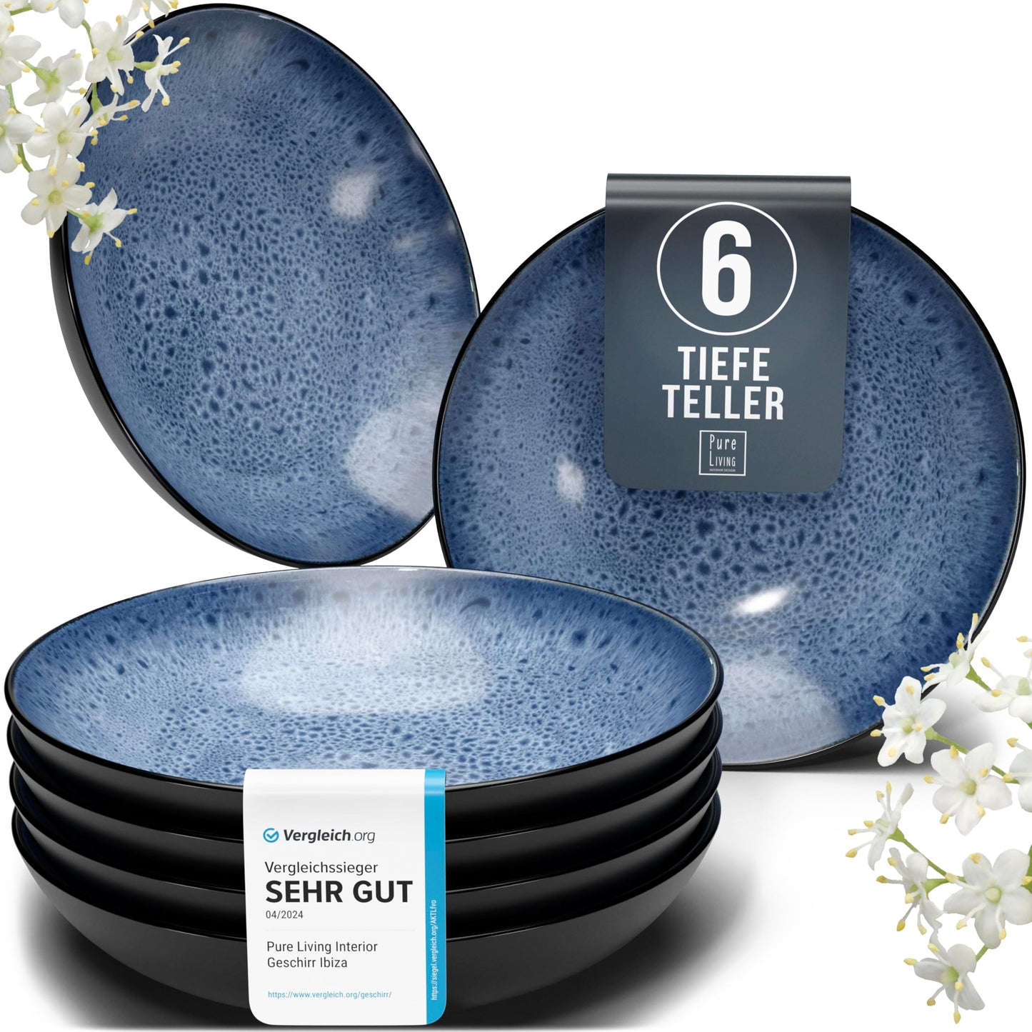 Ibiza Stoneware Crockery Set for 12 People, 48 Pieces, Test Winner, Dreamlike Mediterranean Stoneware Crockery Set, Bowl and Plate Set, Dinner Service for 12 People, Pure Living Crockery Sets in Deep