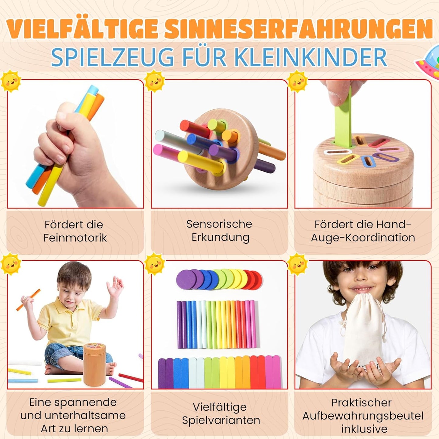 YAANI Montessori Sorting Sticks, Montessori Toy from 1 Year, Baby Toy 6 Months, Montessori Toy Baby, Toy from 2 Years, Montessori Toy from 3 Years