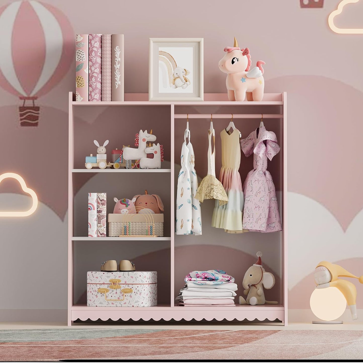 [en.casa] Children's Wardrobe Standing Vestnes Children's Wardrobe with Clothes Rail 90 x 80 x 38 cm Clothes Rack with Shelf Wave Design Cotton Candy/White