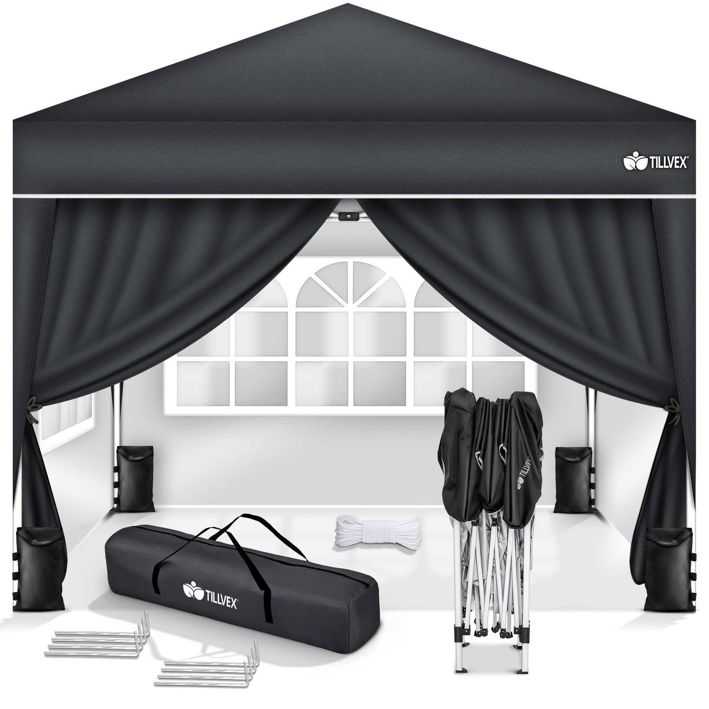 tillvex Gazebo 3 x 3 m Waterproof with 4 Side Panels + Set of 4 Sandbags Pop-Up Folding Gazebo Stable & Height Adjustable Garden Tent UV Protection 50+ Party Tent with Bag for Garden, Grey