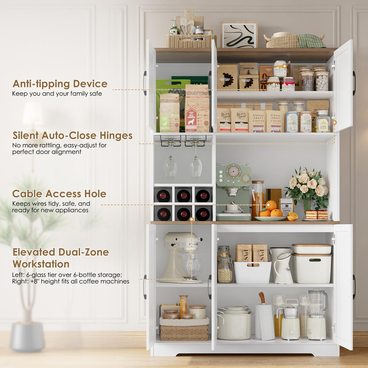 HOCSOK Kitchen Cabinet 106 x 180 cm (W x H), Buffet Cabinet, White, Sideboard with 6 Doors, Removable Bottle Holder and Removable Glass Holder, Storage Cabinet for Kitchen, Living Room, Dining Room