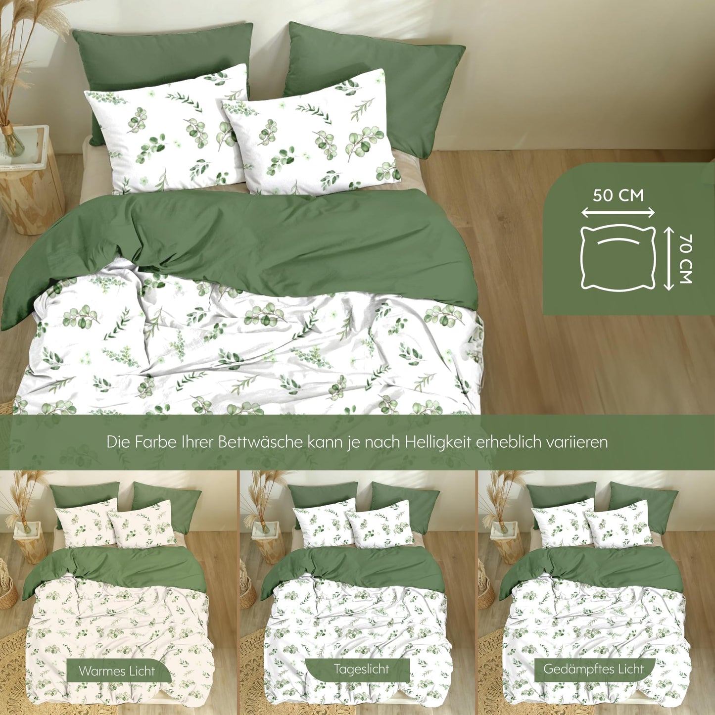 Dreamzie Bed Linen Set 155 x 220 cm with 2 Pillowcases 80 x 80 cm, Botanic Motif Sage Green, Adult Bed Linen, 155 x 220 cm, Made of 100% Microfibre, Certified, No Chemicals (OEKO TEX)