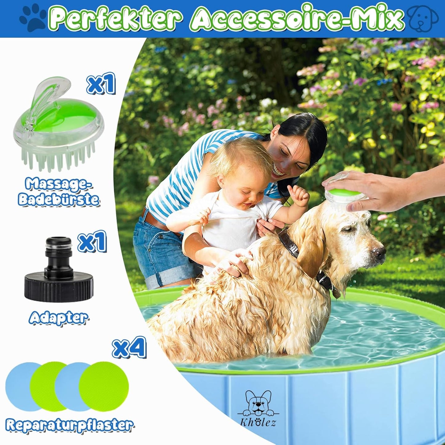 KHOLEZ Hundepool, 120 x 30CM Hundebadewanne für Große Kleine Hunde, Faltbarer Hund Planschbecken für Kinder, Tragbar Swimmingpool Schwimmbecken rutschfest mit Badebürste Ablassventil PVC-Aufnäher x 4