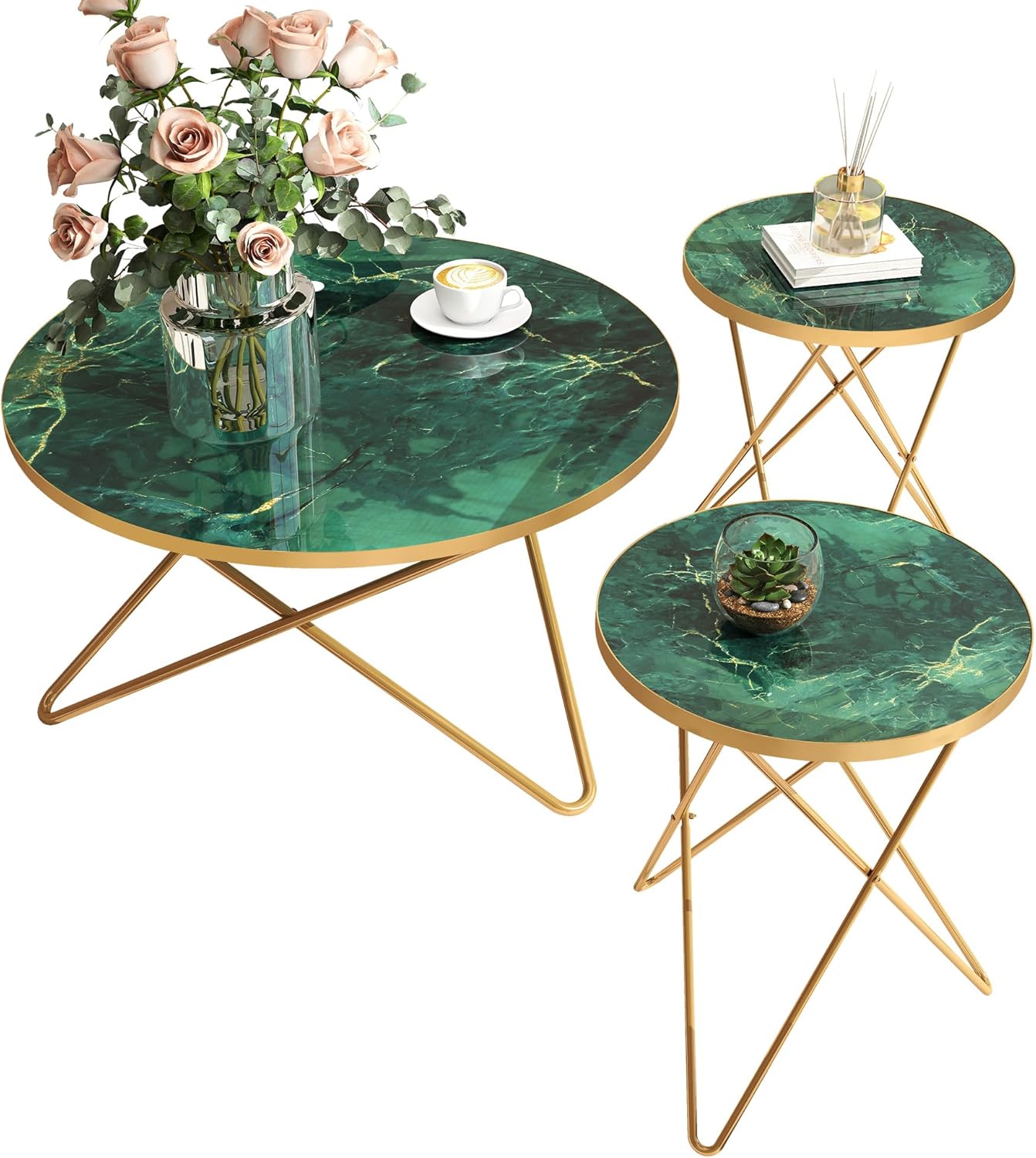 Coffee Table Side Table Round Black Green Living Room Table Sofa Table for Living Room Garden Balcony Bedroom Table Round Modern Plant Table Outdoor with Marble Pattern