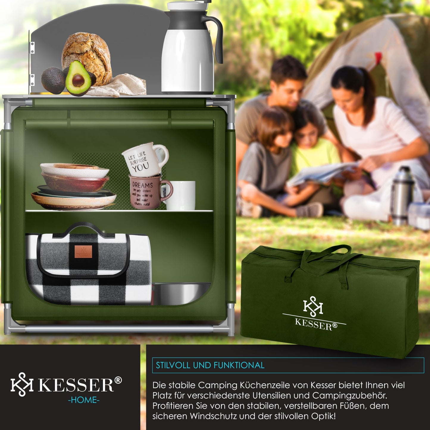 KESSER® Camping Kitchen | Includes Carry Bag & Cup Set | Camping Cabinet Folding Cabinet | with Aluminium Frame | Travel Kitchen | Kitchen Box | Tent Cabinet | Outdoor Camping Kitchen | Khaki | Type