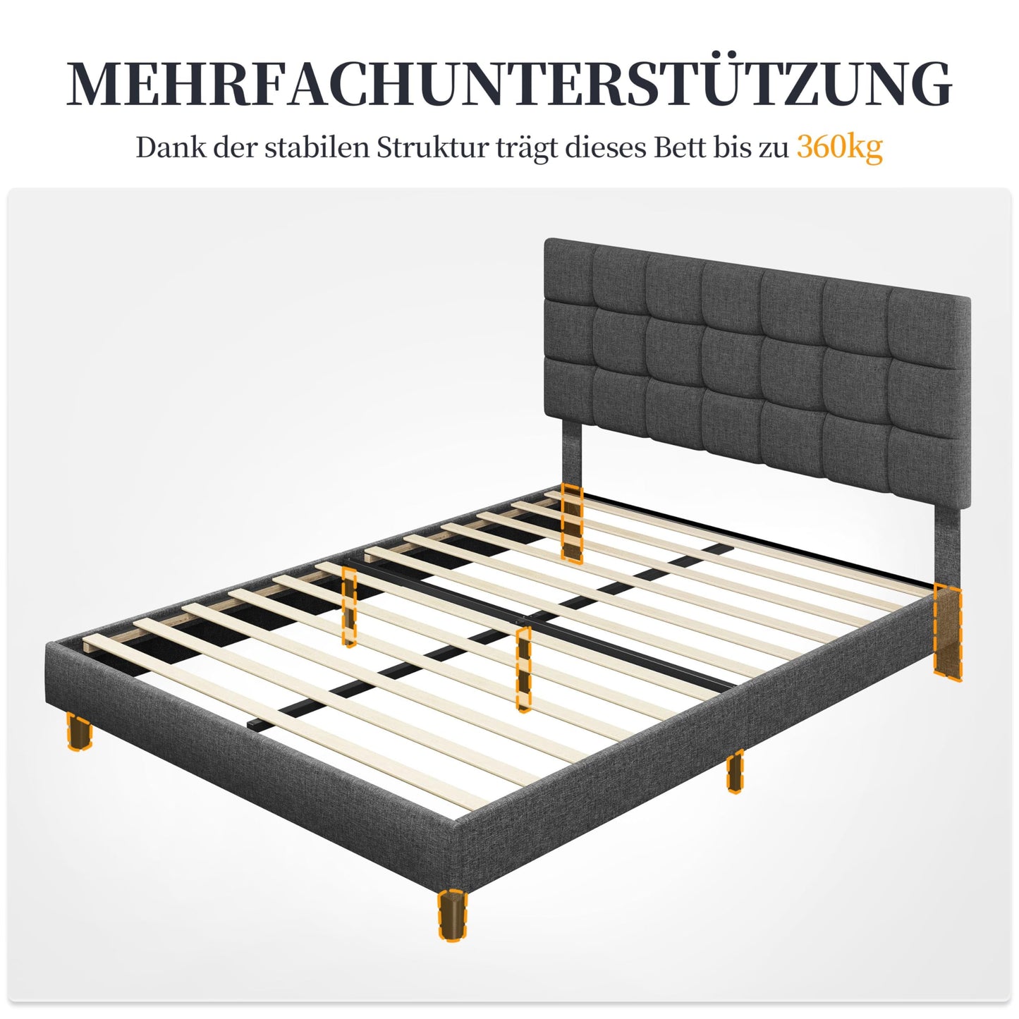 Yaheetech Upholstered Bed 140 x 200 cm Double Bed with Height-Adjustable Headboard, Sturdy Bed Frame, Fabric Bed with Slatted Frame, Padded Bed Frame, Youth Bed, Dark Grey
