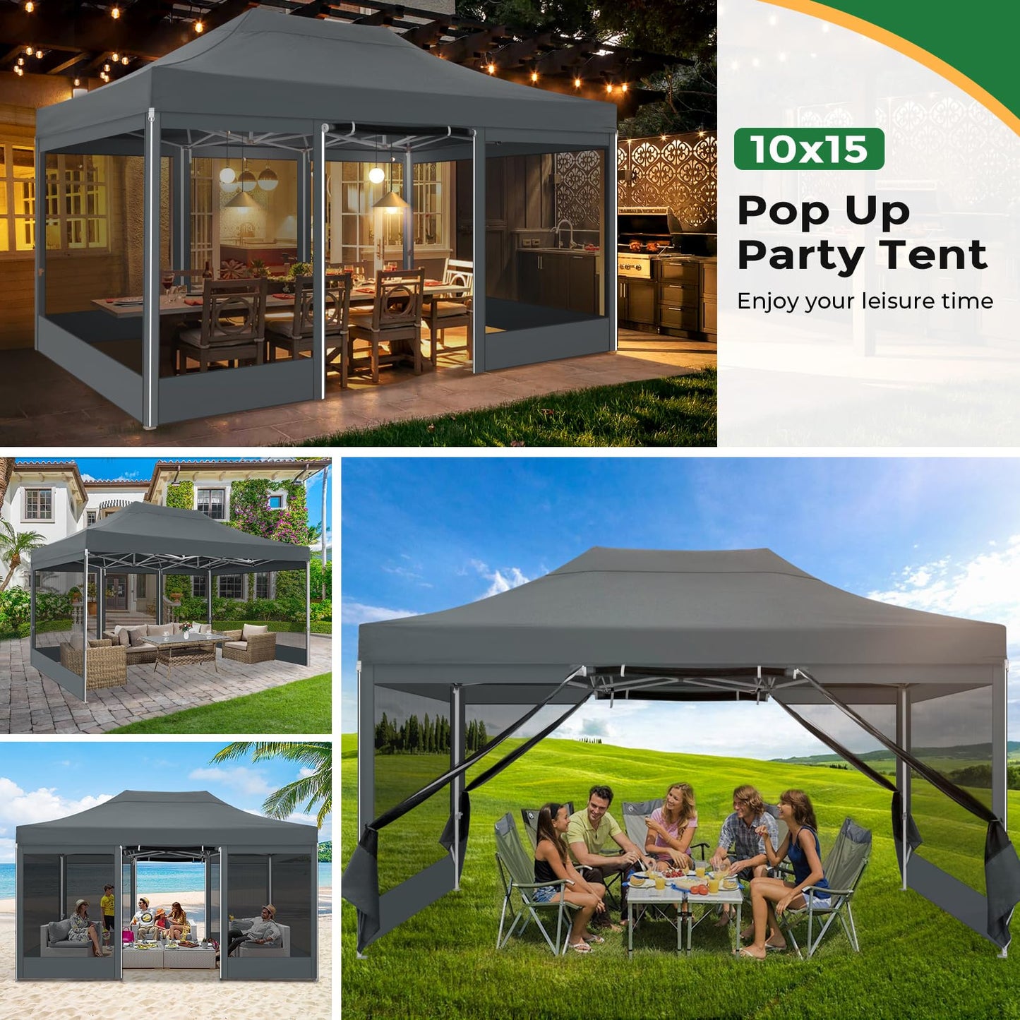 COBIZI Folding Gazebo 3 x 3 m Gazebo 3 x 3 m Waterproof Stable Party Tent Foldable with 4 Side Walls Mosquito Net Pop Up Garden Gazebo Anti-UV for Garden, Grey