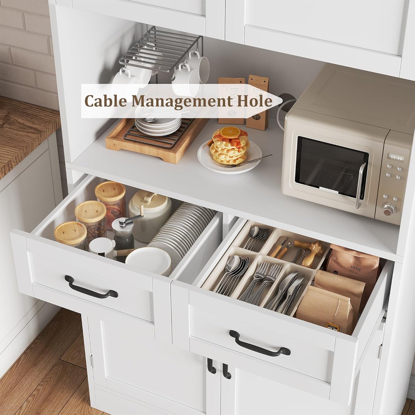 HOCSOK Kitchen Cabinet, 180 cm Buffet Cabinet with Worktop, Storage Cabinet Kitchen with 4 Doors and 2 Drawers, Tall Cabinet Multi-Purpose Cabinet with Adjustable Shelf, White