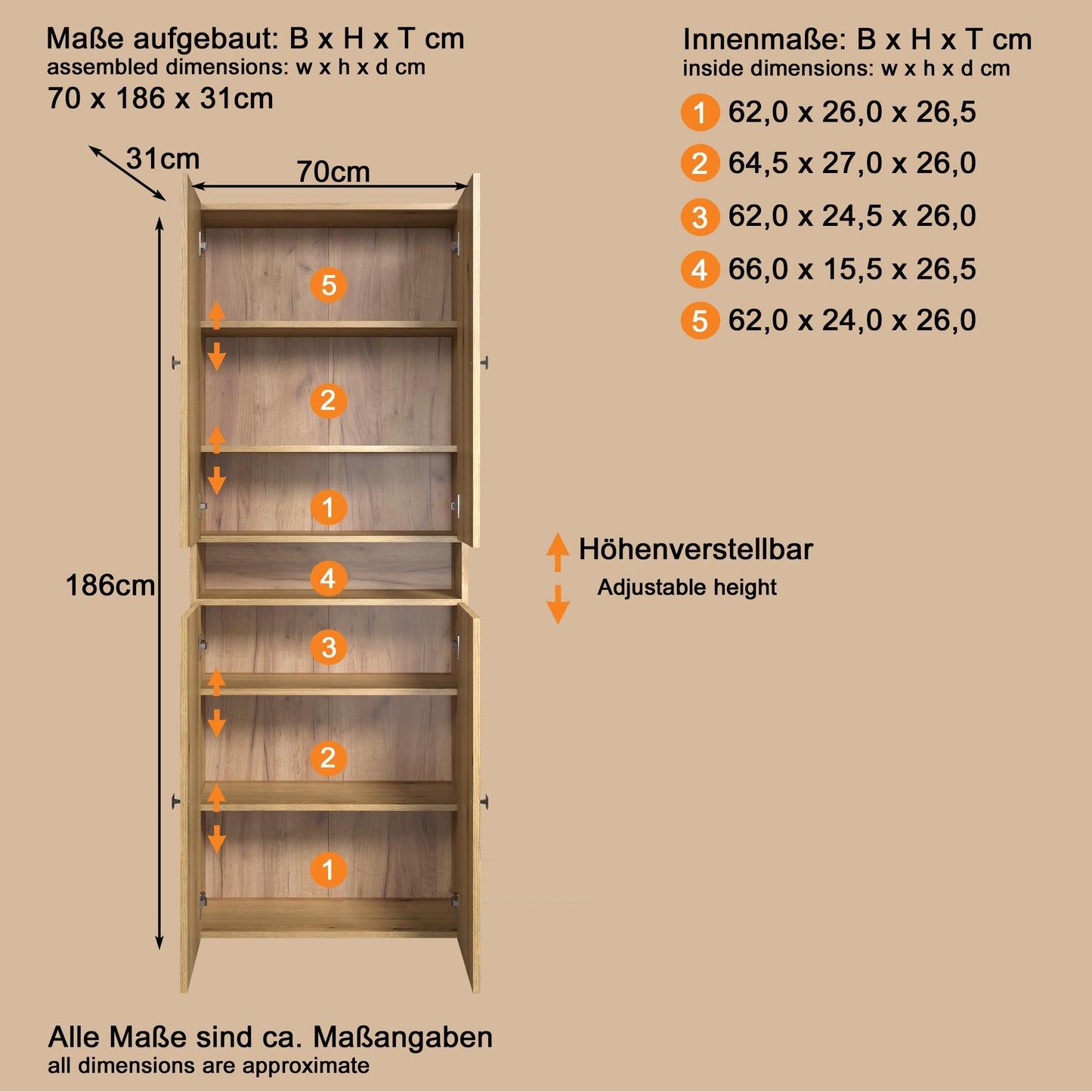 trendteam smart living - PureBliss - Hochschrank - Eiche - Badezimmerschrank in moderner Rillenoptik - edle Metallgriffe - (BxHxT) 40 x 186 x 31 cm - 2 praktische Einlegeböden - kratzfest