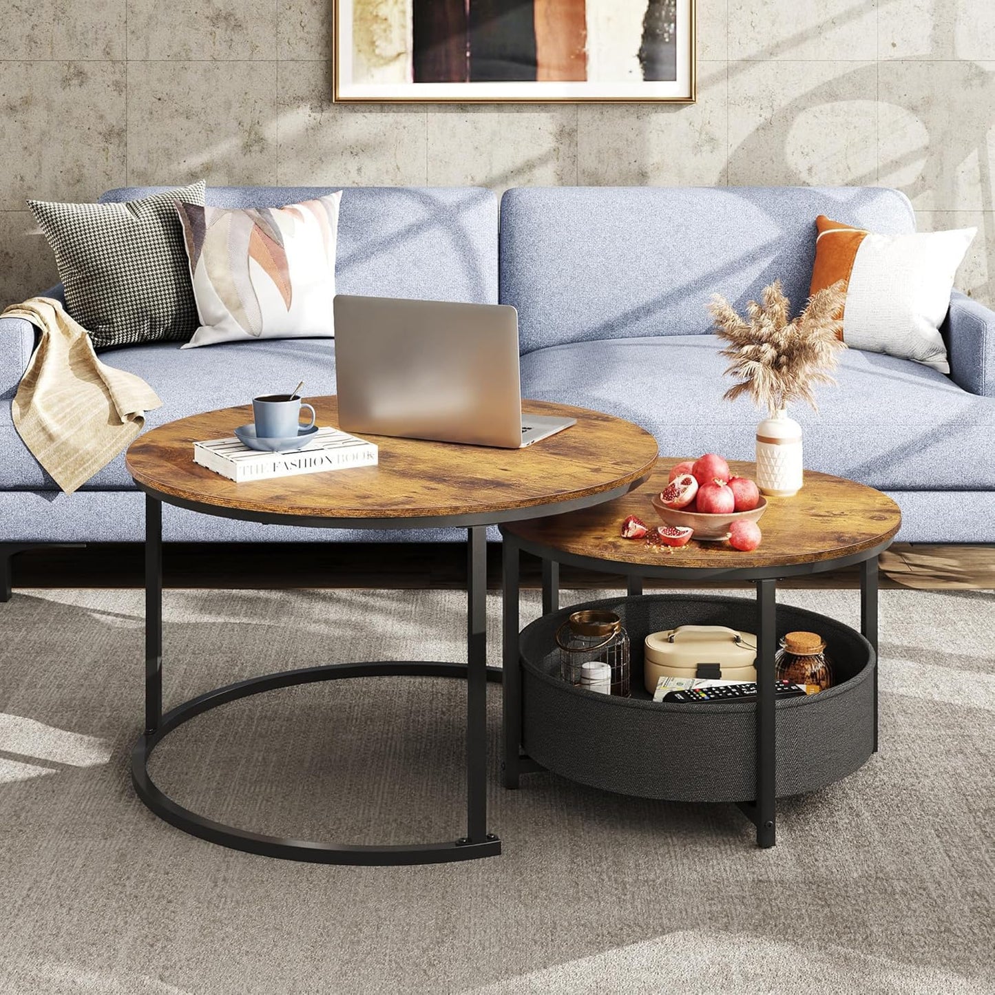 WLIVE Round Coffee Table, Set of 2, Modern Living Room Table, Round, Side Table with Fabric Basket, 80 cm Diameter Couch Table for Bedroom, Home Office (Grey Oak)