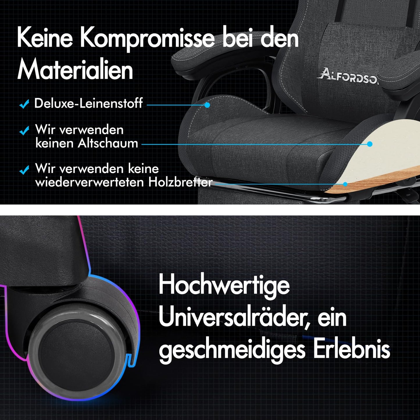 ALFORDSON Gaming Stuhl mit 8-Punkt Massage 12 Farben RGB LED-Licht, Bürostuhl Ergonomisch mit fußstützen, Kopfstütze Lendenkissen für Kinder Erwachsene, Schwarz