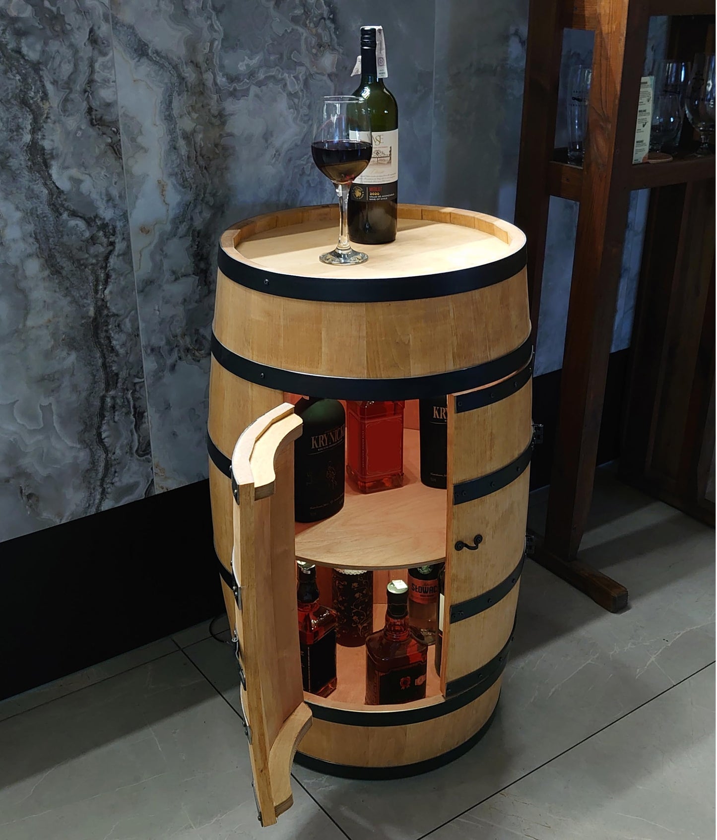 CREATIVE COOPER Wooden Wine Rack with Door with LED - Alcohol Cabinet Bottle Rack Wood - Wooden Barrel - Barrel Furniture - Wine Stand - Wine Barrel - Wine Bar - Barrel Bar with Door - Mini Bar 80 cm