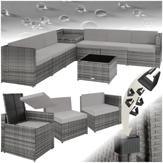 tectake Polyrattan Gartenlounge, frei zu gruppierende Balkon Möbel, Gartenmöbel Set mit einem Beistelltisch Outdoor, inkl. Auflagenbox und Sitz- und Rückenkissen - grau