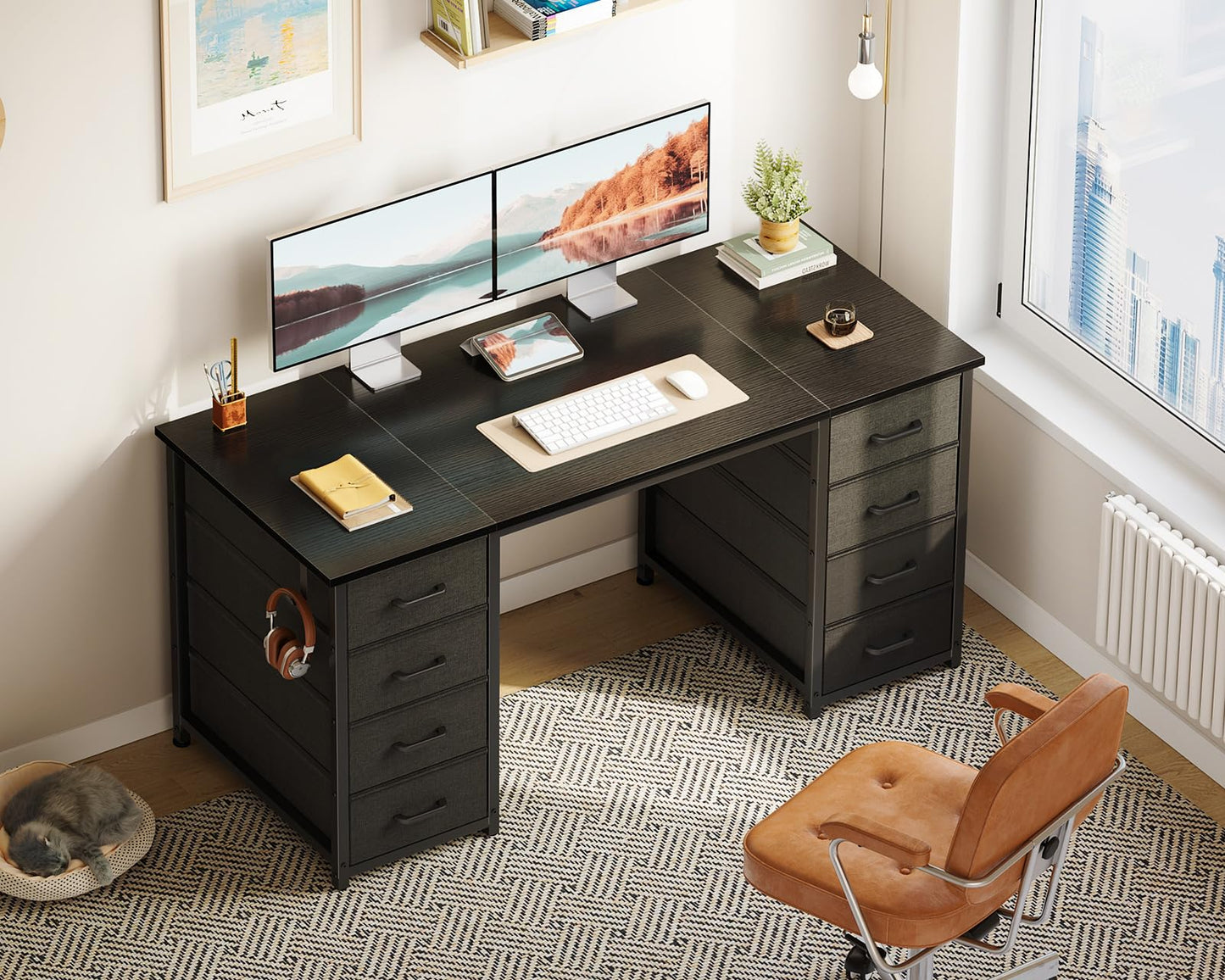 Coleshome Desk with 8 Fabric Drawers, 120 x 48 cm, Desk with Storage Space, Computer Desk with Headphones, Office Table, PC Table, Office Table for Office, Living Room, Home Office, Brown