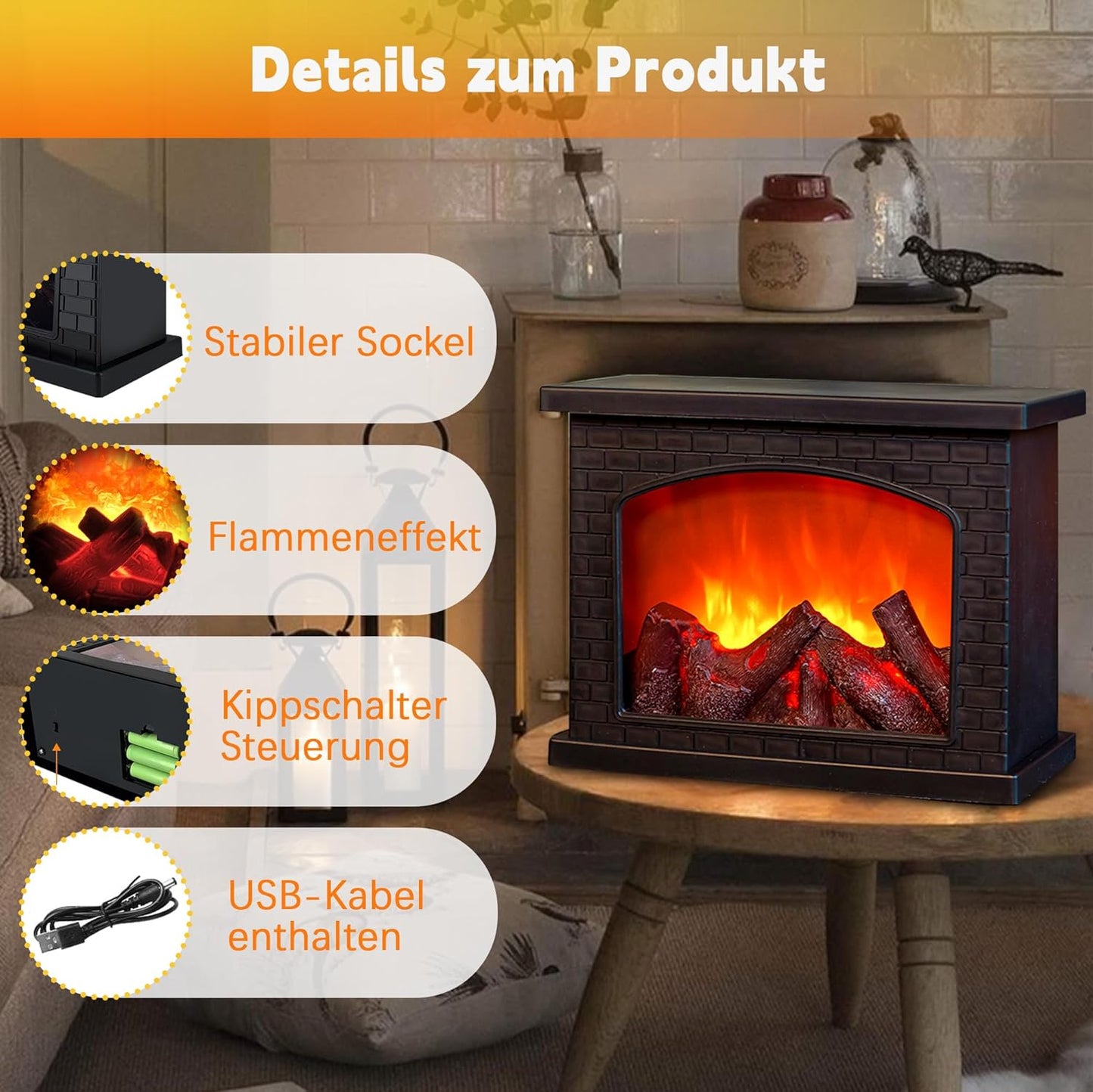 LED Fireplace, Fireplace Lamp Touch Control, Electric Fireplaces with Flame Effect, USB and Battery Operated Fireplace Simulation Table Fireplace Ornament Home