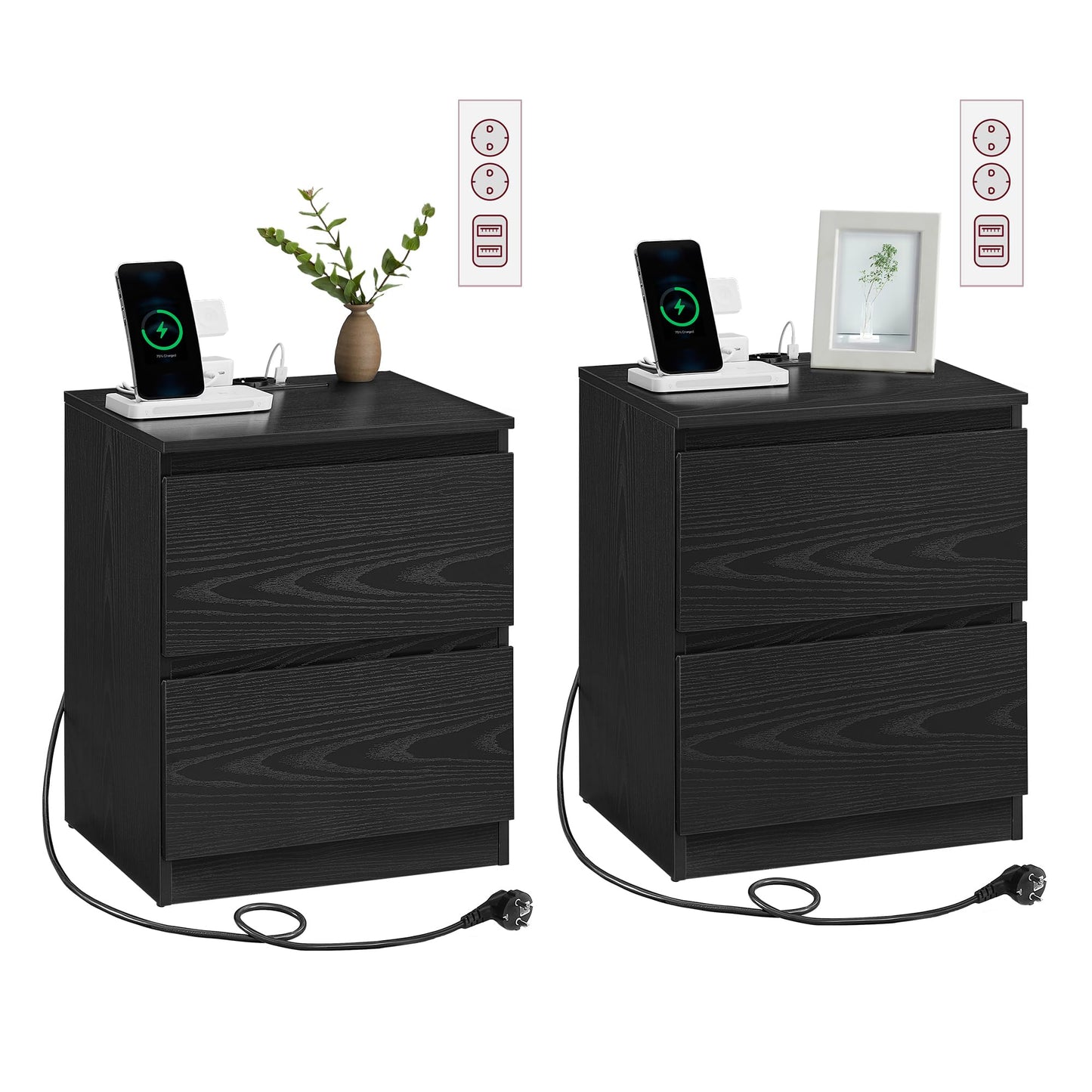 VASAGLE Kailyn Collection - Bedside Table with Power Strip, Set of 2, Side Table 2 Drawers, 2 AC Sockets, 2 USB-A Ports, for Bedroom, Cloud White LET821W02