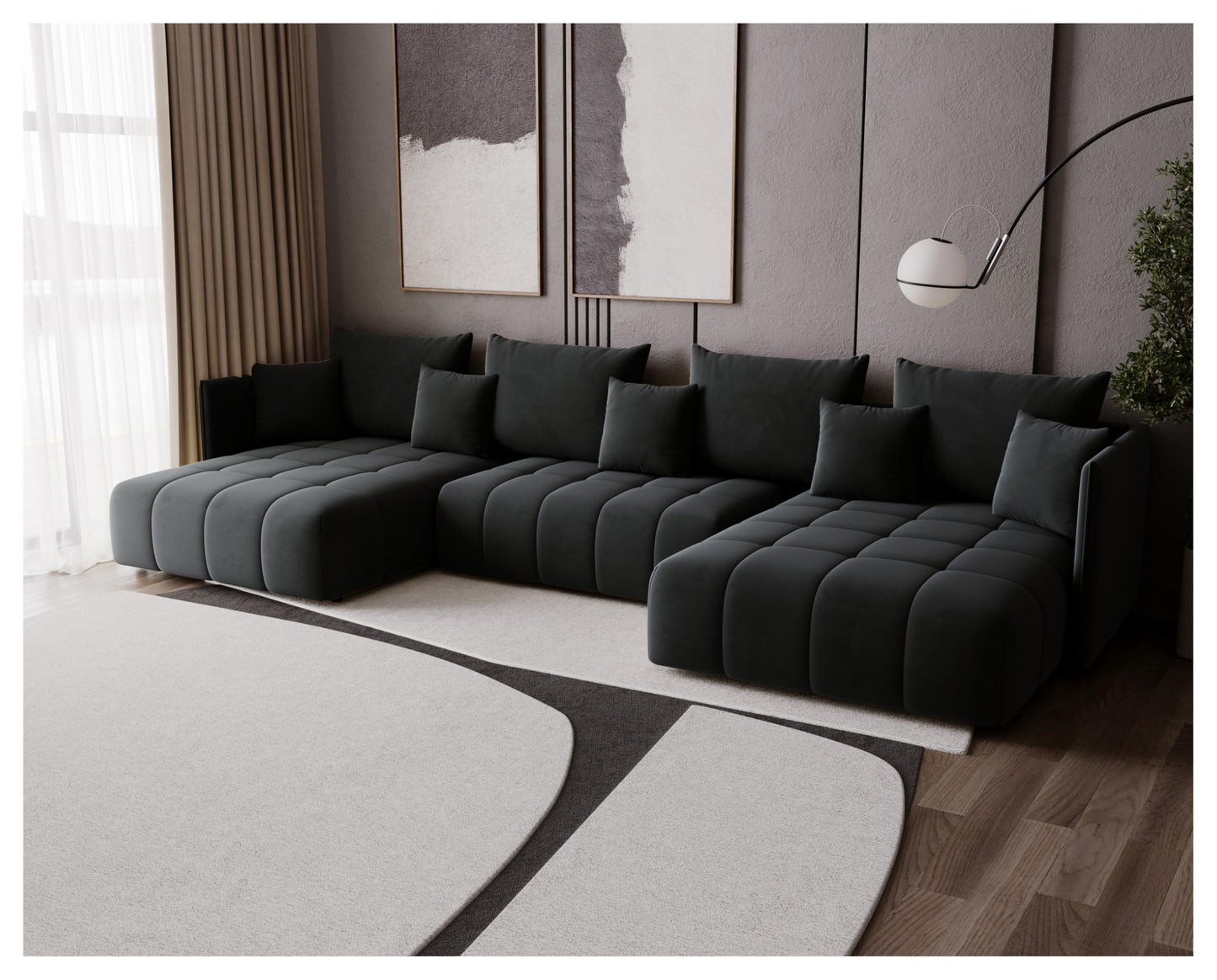 U-Shape Corner Sofa Gona U with Sleep Function - Large Sofa Bed 346 × 188 cm - Sofa with Bed Box - T30 Foam - Automatic Folding Function, Easily Extendable - Monolith 97 (Graphite)