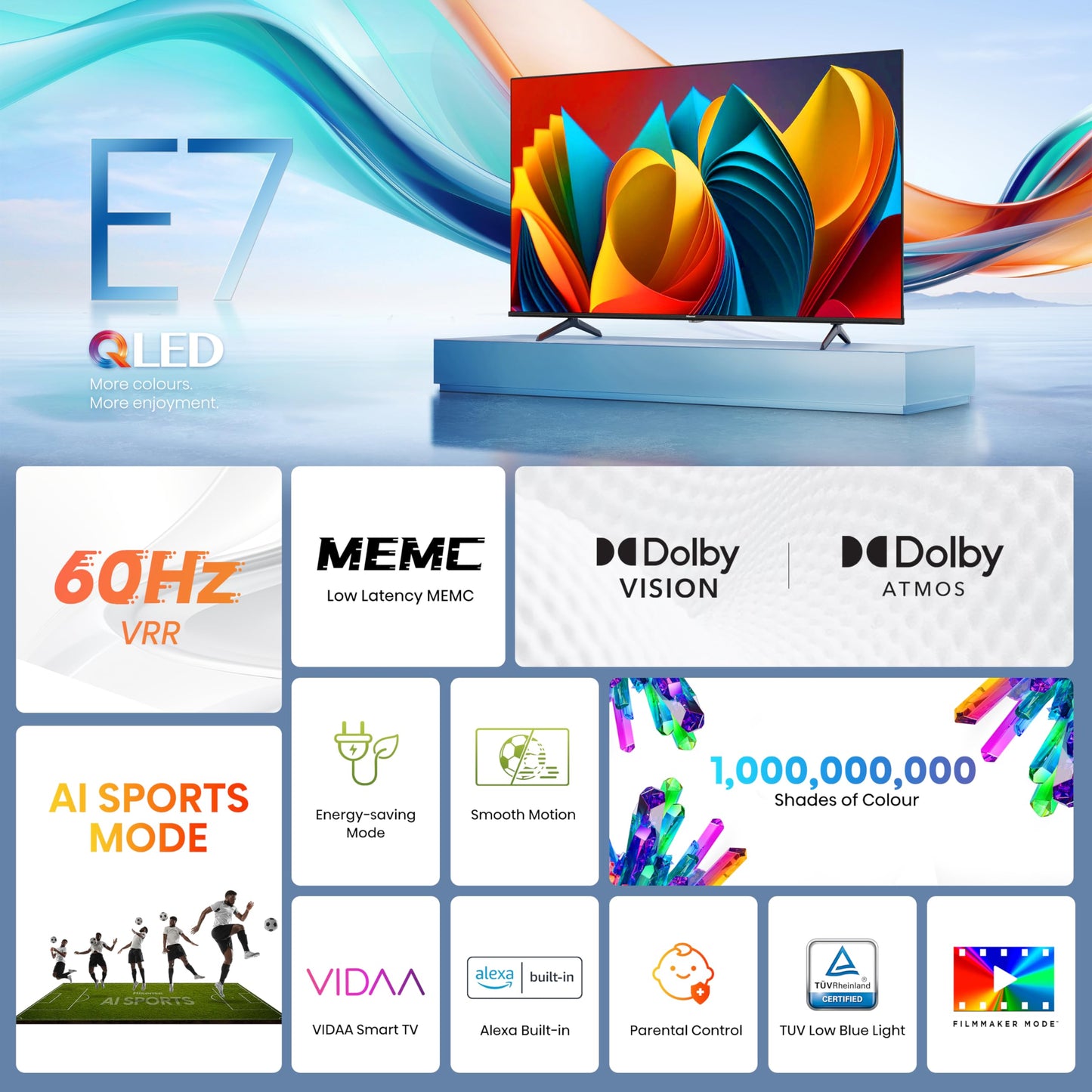 Hisense 43E7Q 43 Inch 4K UHD QLED, Smart TV, Game Mode Plus, Filmaker Mode, Dolby Vision Atmos, HDR10, HLG, HDR Immersive, AI 4K Upscaler, Dolby MS12, DTS X, Voice Control [2025]