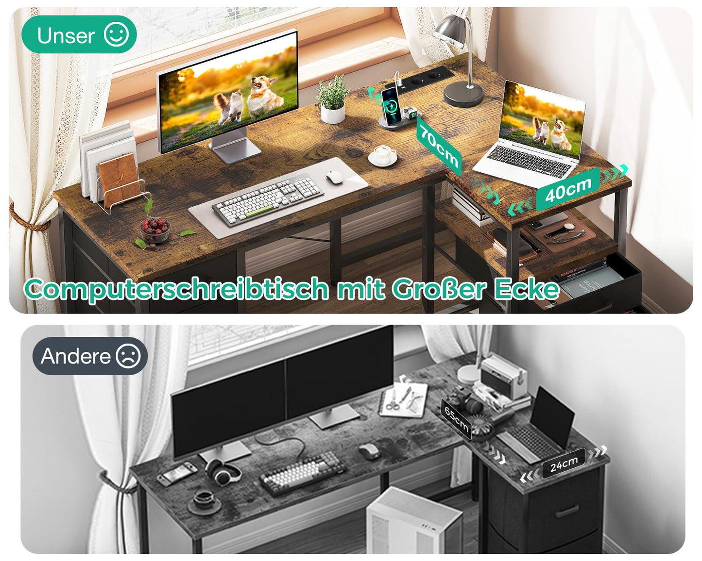 Coleshome Desk with Fabric Drawers, Reversible Desk L Shape with Filing Drawer, Corner Desk with USB Charging Port and Socket, Home Office Desks (White, 140 x 70 cm)
