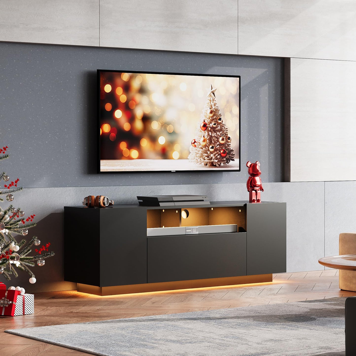 WLIVE TV Cabinet Black Lowboard High Gloss with 20 Colours LED Lighting, TV Board with Cabinets and 2 Open Surfaces, TV Table with Folding Door, 122 x 36 x 45 cm, Black