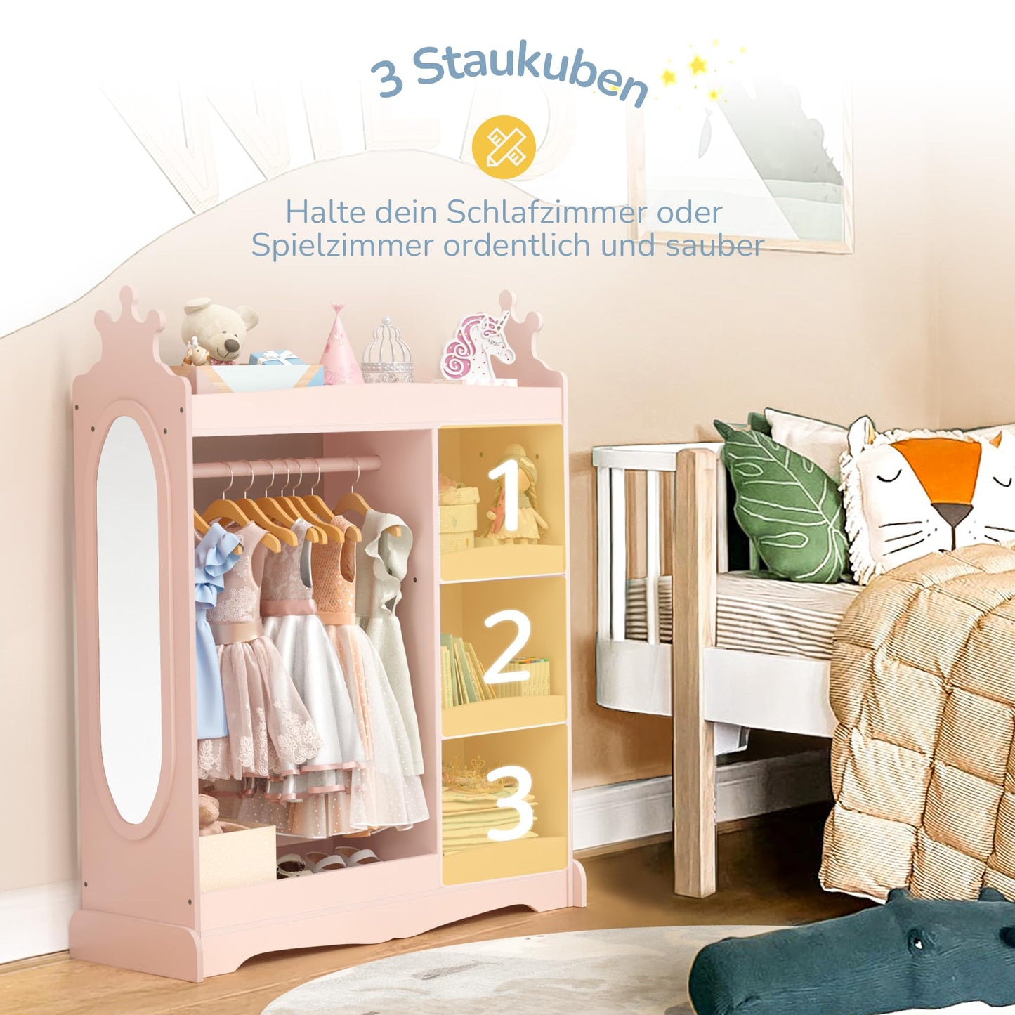 LUE BONA Children's Wardrobe with Mirror and Clothes Rail, Children's Coat Rack with 3 Hooks and 3 Open Shelves, Children's Wooden Wardrobe for Children's Room, 85 x 34 x 112 cm, White