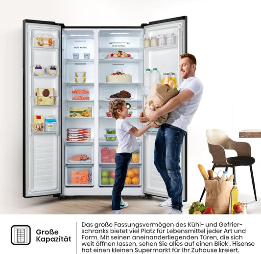 Hisense RS677N4BFD Side by Side Kühl-Gefrierkombination/ Inverter-Kompressor/ Flaschenablage/ 2 FreshZone/Gemüsefach / Kühlteil 334 l/ Gefrierteil 185 l/ 41 dB/ 247 kWh/ Jahr, Schwarz