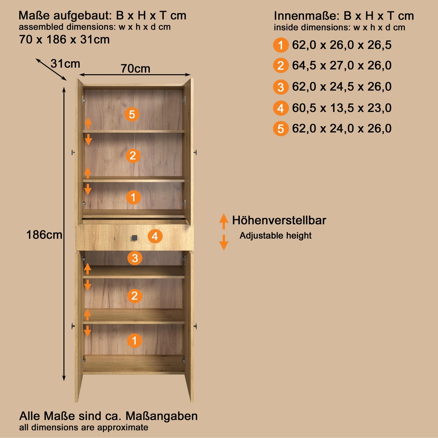 trendteam smart living - PureBliss - Hochschrank - Eiche - Badezimmerschrank in moderner Rillenoptik - edle Metallgriffe - (BxHxT) 40 x 186 x 31 cm - 2 praktische Einlegeböden - kratzfest