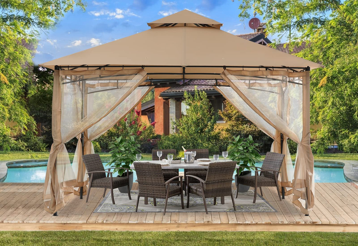 ABCCANOPY Pavillon 2.5x2.5m Wasserdicht Stabil Winterfest Gartenpavillon，Doppeldachweichdach Hinterhof-Partyzelt mit Netz für Schatten und Regen,Grau