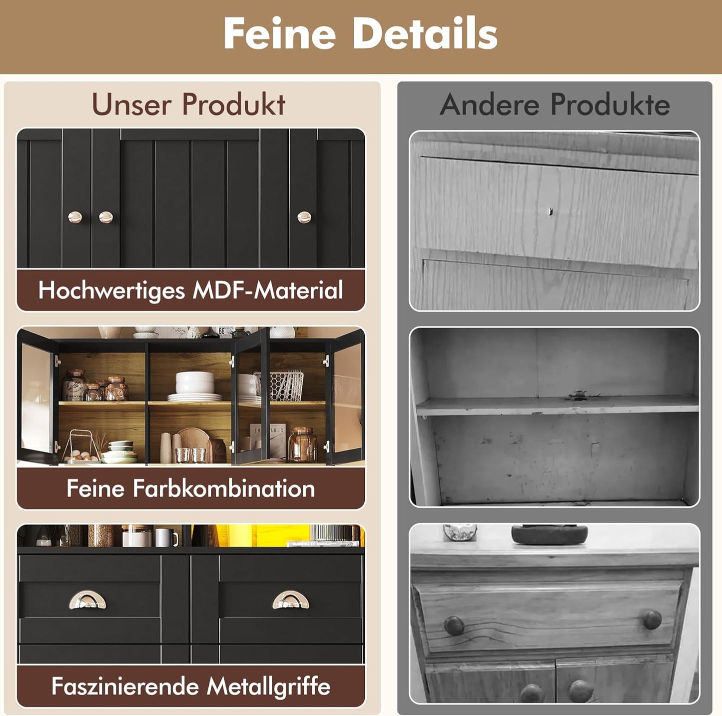 Dolamaní Kitchen Cabinet Buffet Cabinet 140 x 40 x 175 cm with LED More Storage Space for Kitchen, Buffet with Worktop & Adjustable Shelf, Display Cabinet with 3 Drawers with 6 Doors (Black)