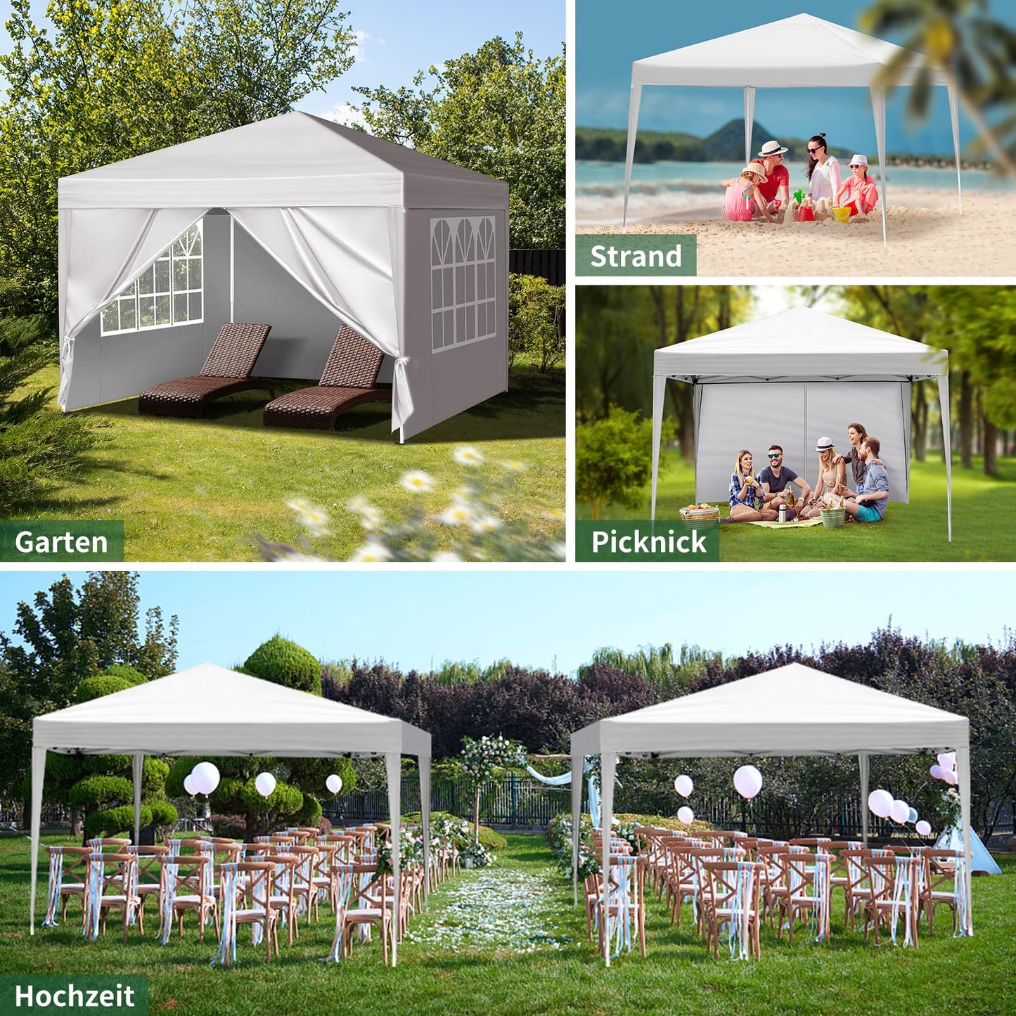 LEADZM Gazebo 3 x 3 m, Folding Gazebo, Waterproof, UV Protection 50+, Height Adjustable with 4 Mosquito Nets, Sturdy, Ideal for Garden, Patio, Camping and Commercial Use