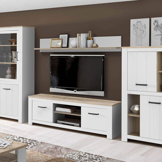 FORTE Elara Wall Unit with 5 Doors and 1 Glass Door, Wood Material, Matt White / Bianco Oak, 344 x 185 x 42 cm