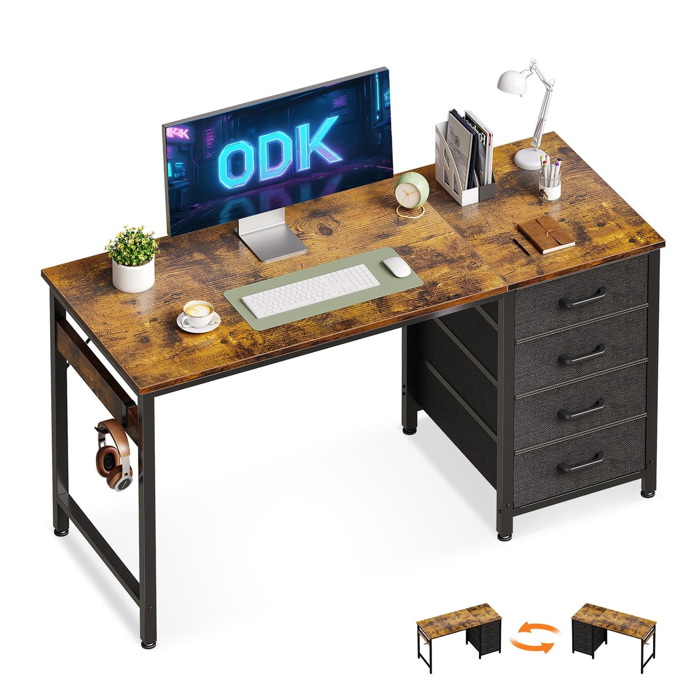 ODK Desk with 4 Drawers, 120 x 48 x 75.7 cm, Computer Desk with Headphone Holder, PC Table, Reversible Office Table, Wood for Home Office, White