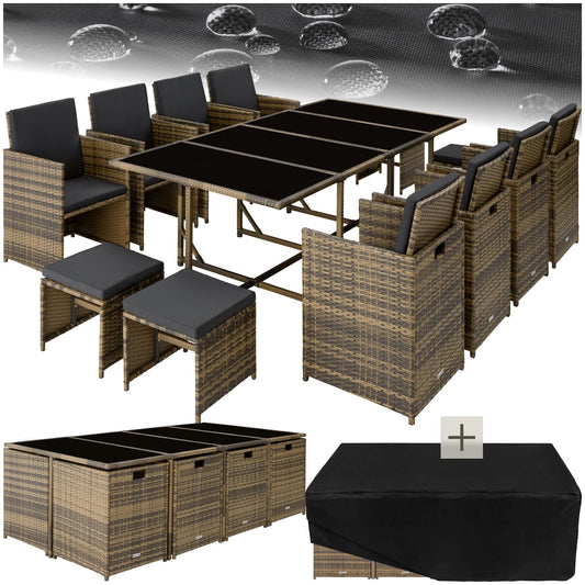 tectake Gartenlounge Set, Polyrattan Gartenmöbel Set, 8+4+1 Sitzgruppe, 8 Stühle 4 Hocker 1 Tisch, Balkon Möbel als Würfel verstaubar, für Garten, Balkon, Terrasse - grau/hellgrau
