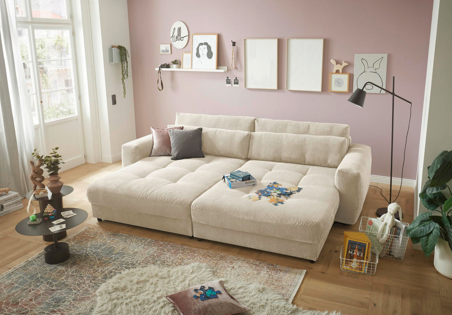 Barura Big Sofa in Corduroy Look, Ash - Comfortable Living Room Couch with Large Lying Surface - 292 x 90 (74) х 194 cm (W x H x D)